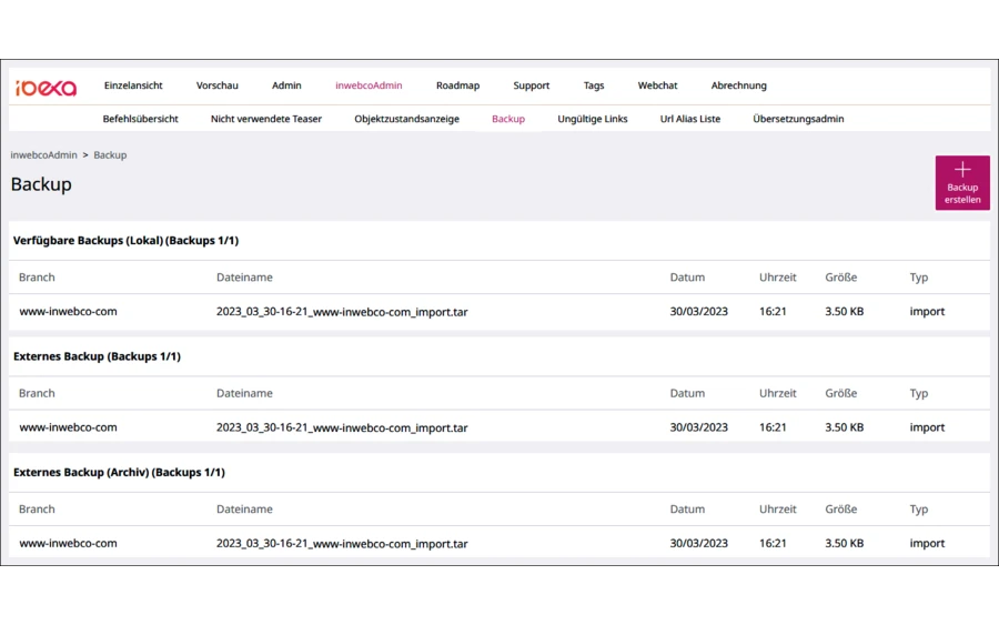 Backupverwaltung Backupverwaltung Übersicht